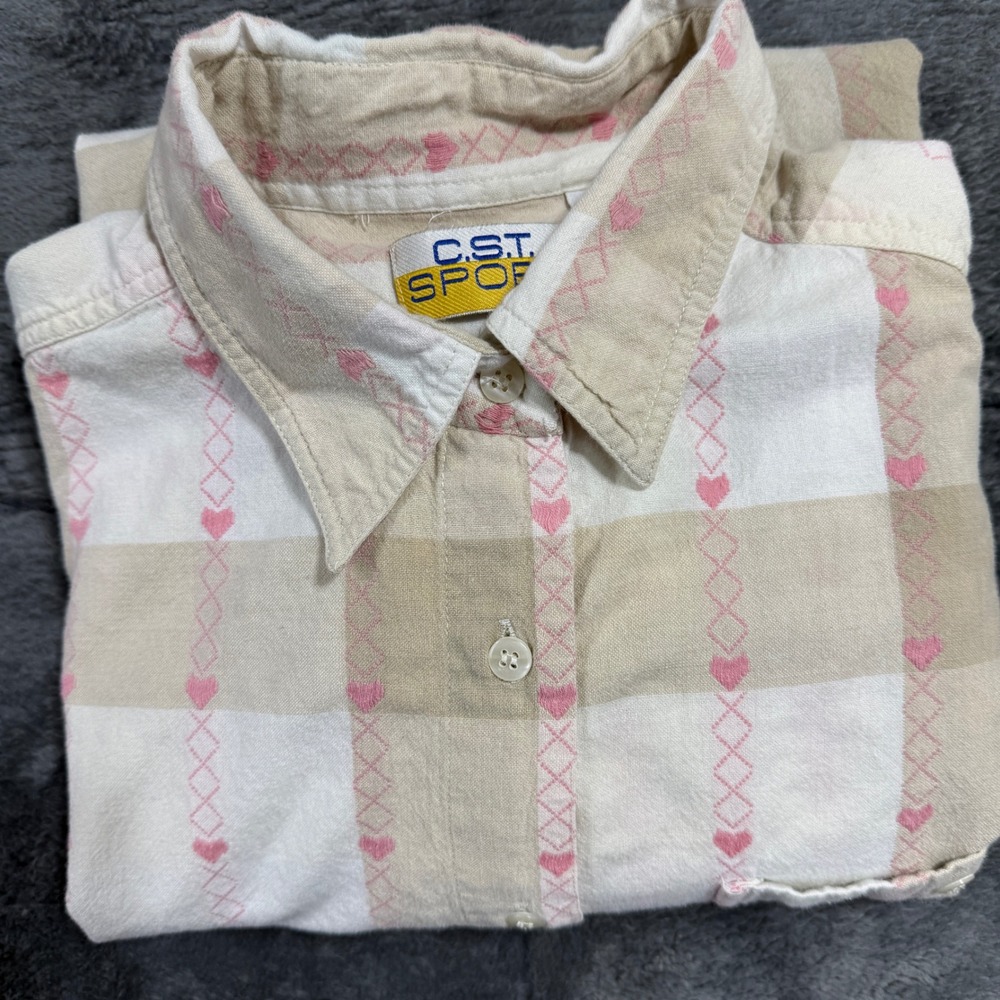C.S.T. Sport Button Down Shirt Womens 3X Tan Pink Heart‎ Plaid Short Sleeve
